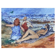 Vintage French Impressionist Signed Watercolour, Ladies Day At The Beach