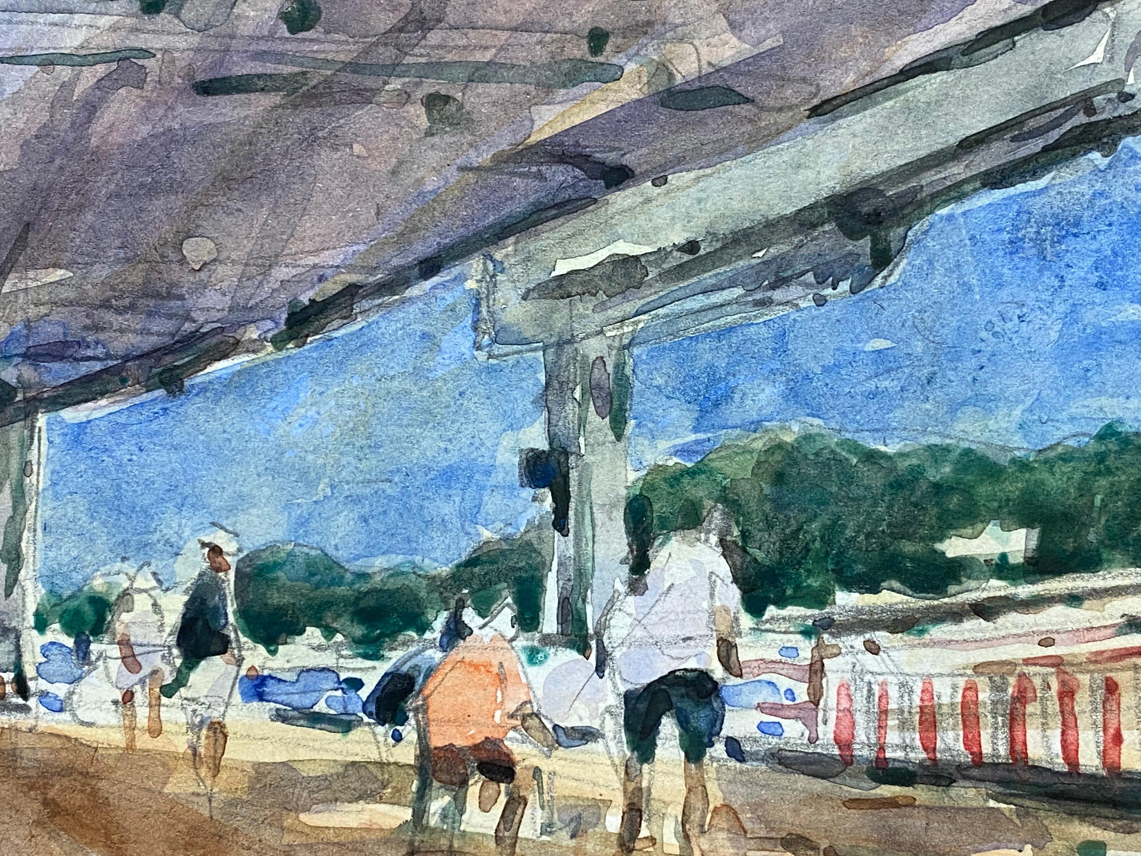 French Impressionist Signed Watercolour, Figures at the Pier - Art by Unknown