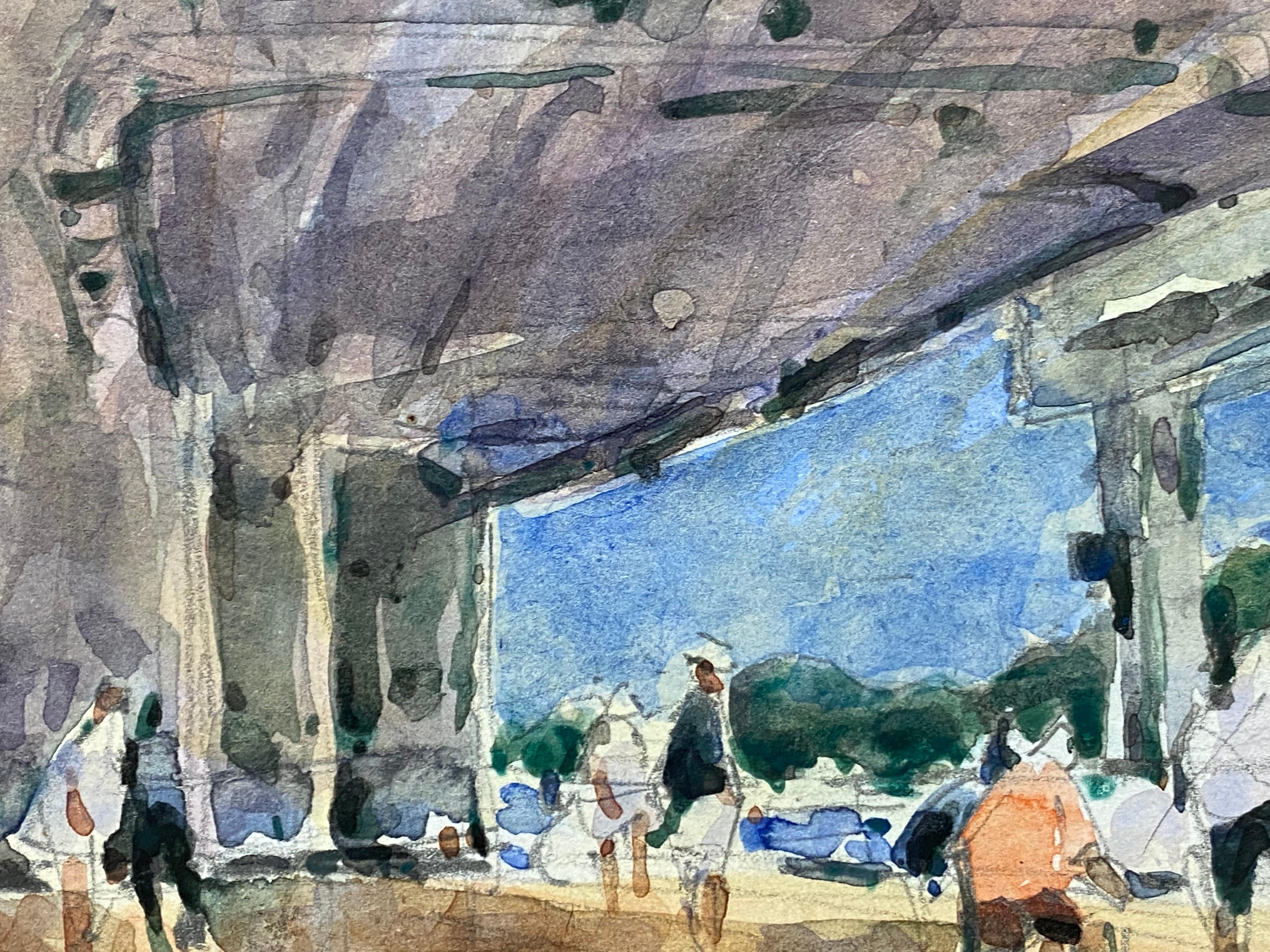 French Impressionist Signed Watercolour, Figures at the Pier - Gray Landscape Art by Unknown
