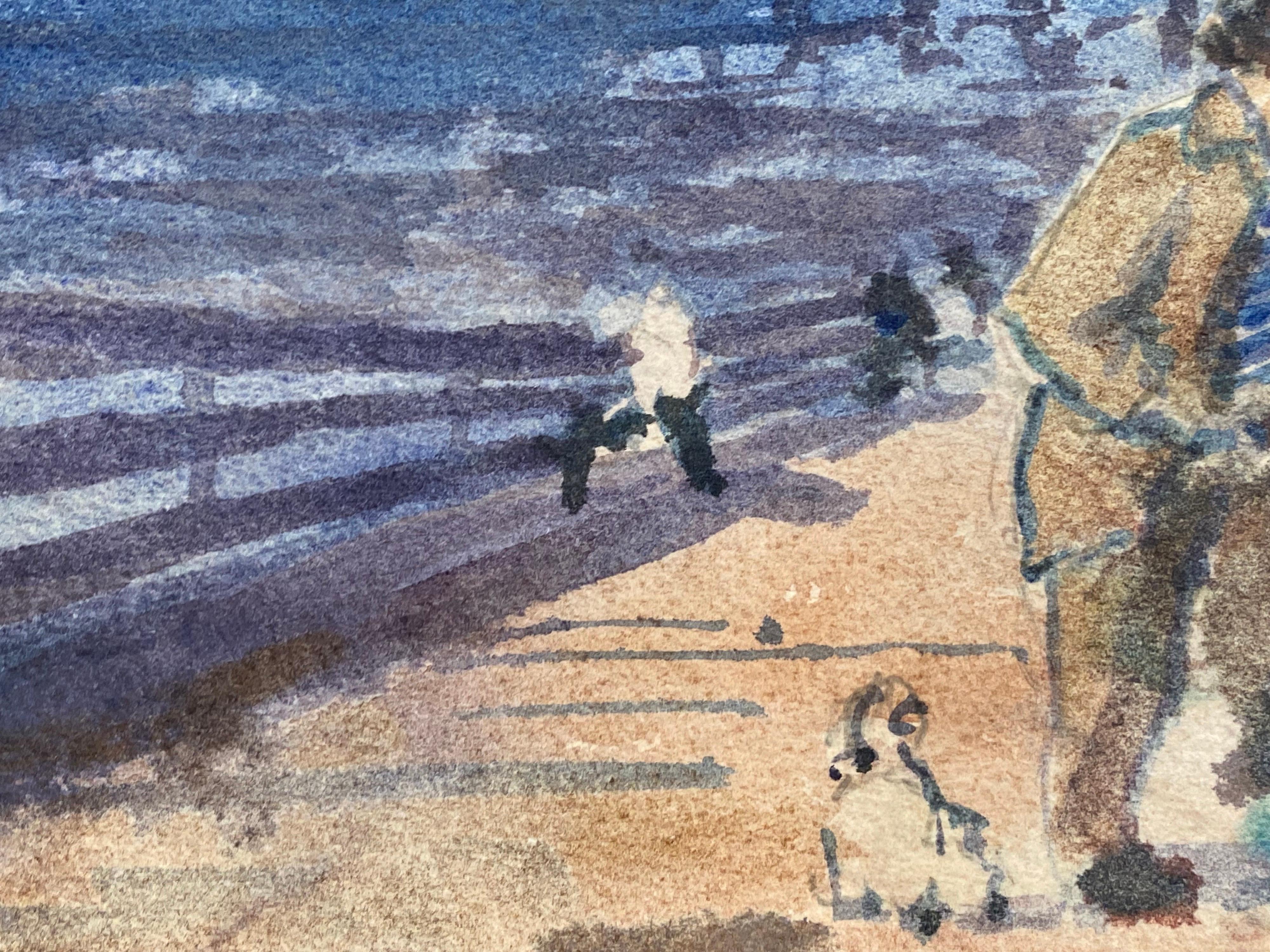 Pêcheur sur le quai Maurice Mazeilie, aquarelle impressionniste française - Art de Unknown