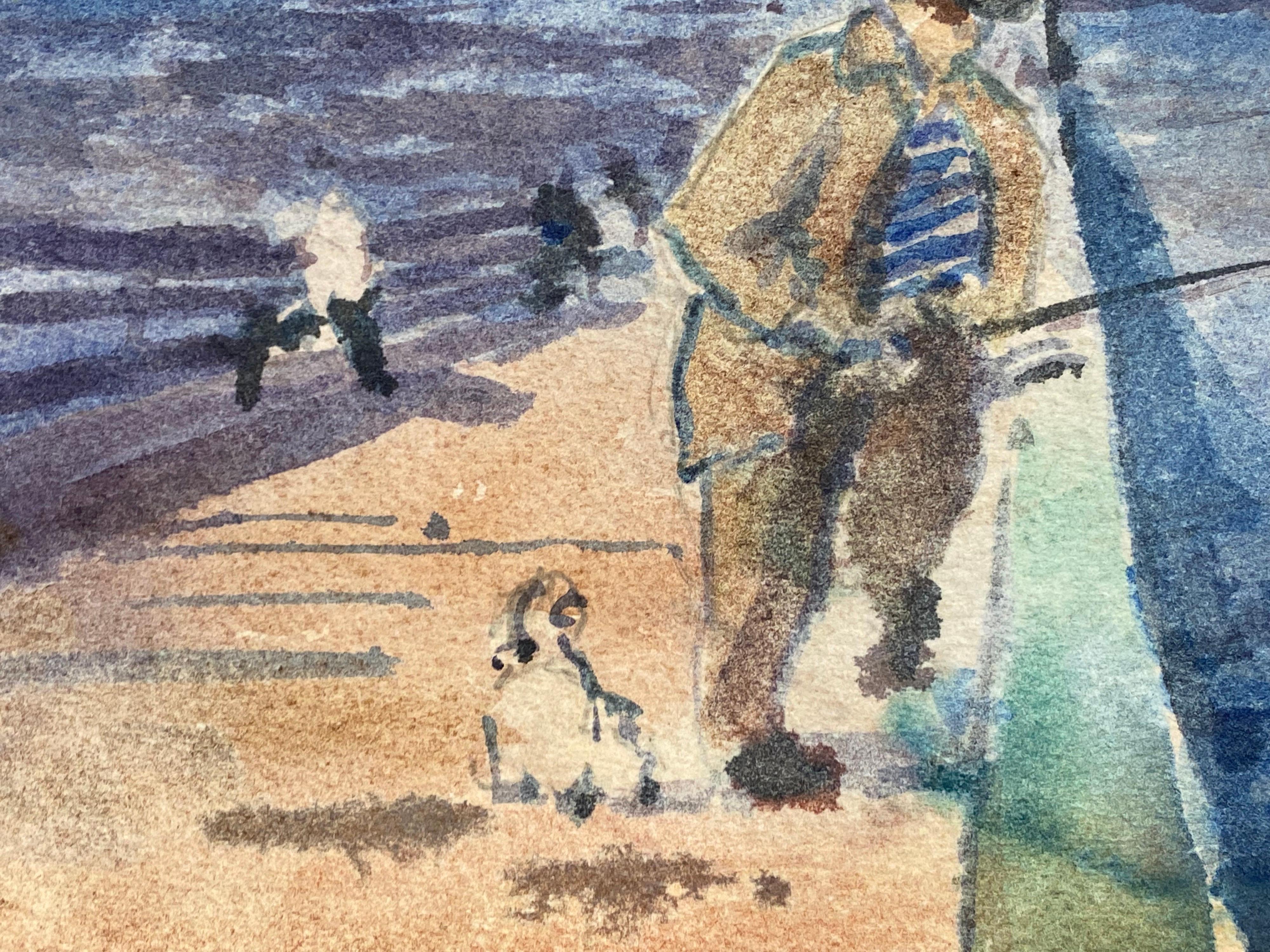 Pêcheur sur le quai Maurice Mazeilie, aquarelle impressionniste française - Gris Figurative Art par Unknown