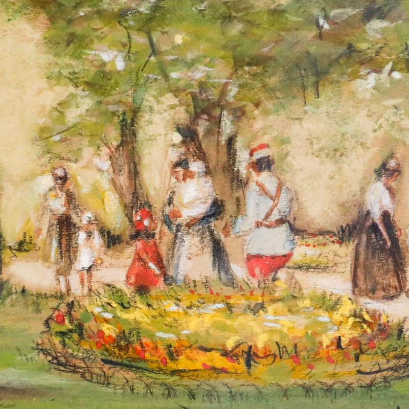 Scène impressionniste dans un parc, réalisée à la mine de plomb et à l'aquarelle avec des rehauts de gouache. Présenté dans un cadre vintage noir et or. Signé de façon indistincte. Sur le papier.