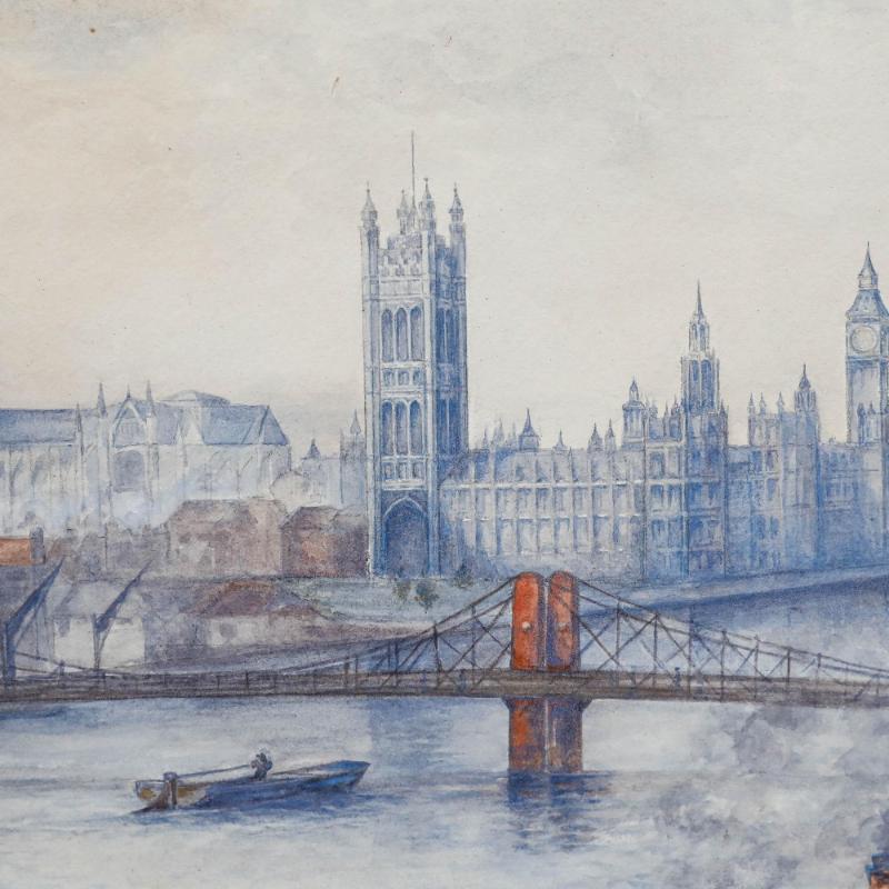 Aquarelle du début du 20e siècle - Le palais de Westminster - Gris Landscape Art par Unknown