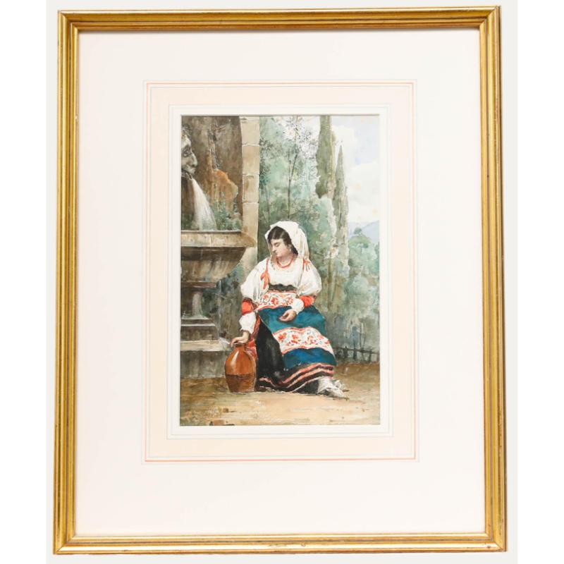 Unknown Figurative Art – Gerahmtes Aquarell aus dem 19. Jahrhundert - Mädchen am Springbrunnen
