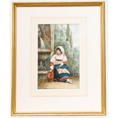 Gerahmtes Aquarell aus dem 19. Jahrhundert - Mädchen am Springbrunnen