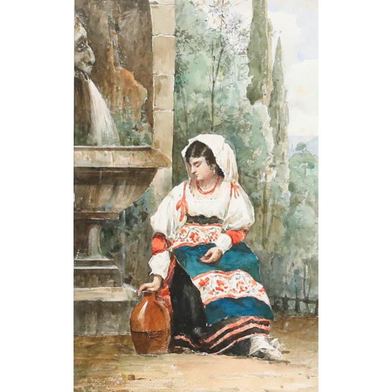 Gerahmtes Aquarell aus dem 19. Jahrhundert - Mädchen am Springbrunnen – Art von Unknown