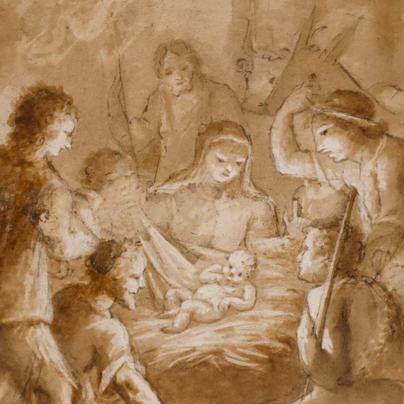 This evocative drawing depicts the biblical scene of the Adoration of the Shepherds. The scene is the subject of many works of art, such as those by Rubens and El Greco. The composition centres on the newborn baby Jesus, who radiates light as the
