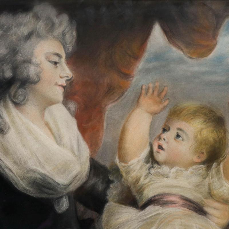 An accomplished pastel after Sir Joshua Reynolds depicting Georgiana Cavendish, Duchess of Devonshire with her infant daughter Lady Georgiana balancing on her knee. Unsigned. Beautifully presented in an original Biedermeier frame. On paper. Image