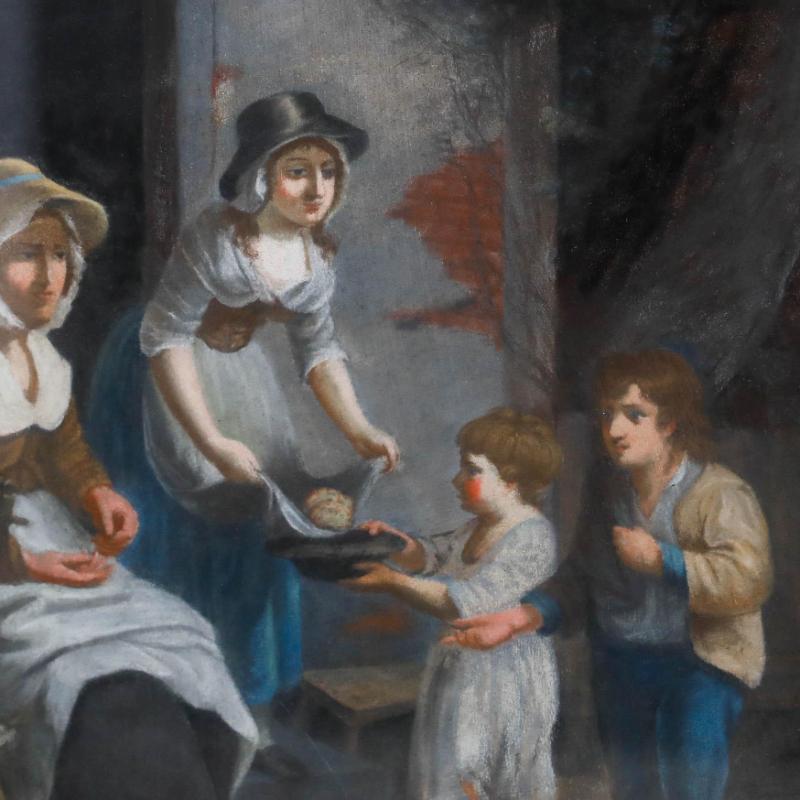 Diese charmante Genreszene, gemalt in der Manier von Francis Wheatley RA, zeigt ein bescheidenes Beisammensein in einem Landhaus, in dem zwei Kinder sehnsüchtig auf ihren Anteil an frisch gebackenem Brot warten. Das Werk befindet sich in einem