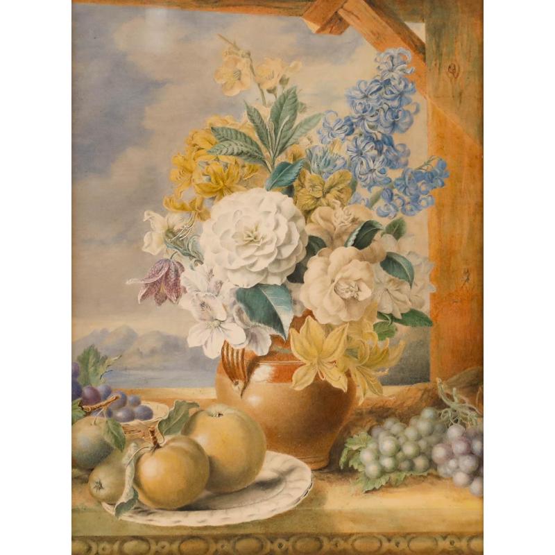 English School Fin du 19ème siècle Aquarelle - Nature morte de fruits et de fleurs - Art de Unknown