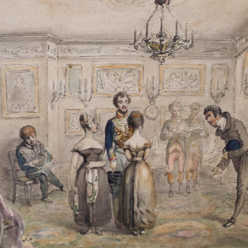 Un incantevole acquerello dell'inizio del XIX secolo che raffigura un ufficiale ussaro che viene accolto in una sala di ricevimento. Firmato in modo illeggibile in basso a destra. Inscritto con titolo e c.1814 verso. Presentato in una sottile