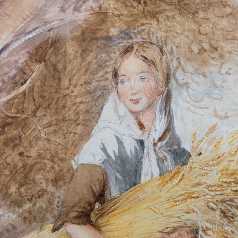 Charmante aquarelle du XIXe siècle représentant une gracieuse jeune femme en train de cueillir du blé. Rendue avec des coups de pinceau délicats et une palette chaude et terreuse, l'œuvre évoque un doux sentiment de nostalgie rurale. Non signée.