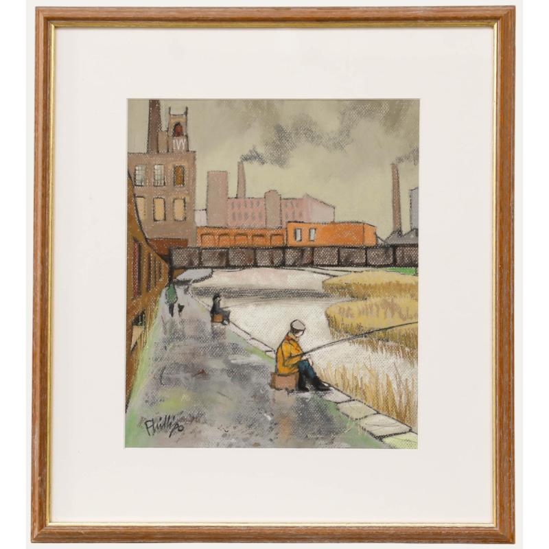 Brian Phillips - Framed 20th Century Pastel, Anglers at the City Docks