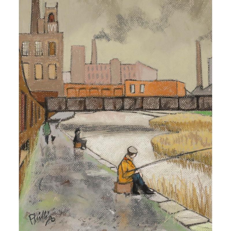 Brian Phillips - Gerahmtes Pastell des 20. Jahrhunderts, Angler an den Docks der Stadt – Art von Unknown