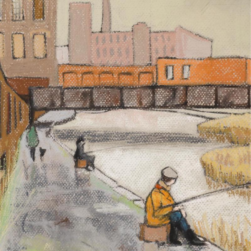 Diese wunderbar moderne Pastellstudie zeigt zwei Angler, die einen Angeltag genießen, umgeben von industriellen Hafenanlagen. Die Zeichnung ist links unten vom Künstler signiert. Gut präsentiert in einem attraktiven Holzrahmen mit einem zarten