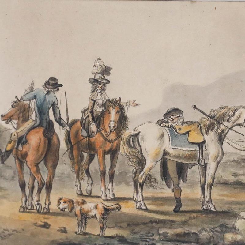 A charming watercolour scene by British artist Francis William Topham (1808-1877). Titled The Morning Ride, the scene depicts figures on horseback, while another struggles to mount his horse. Faintly signed to the lower right. Well presented in a