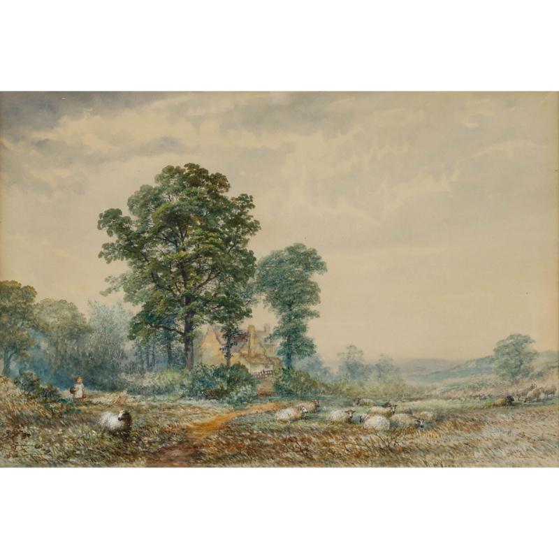William Henry Vernon (1820-1909) - Gerahmtes Aquarell, Bewachung der Herde – Art von Unknown
