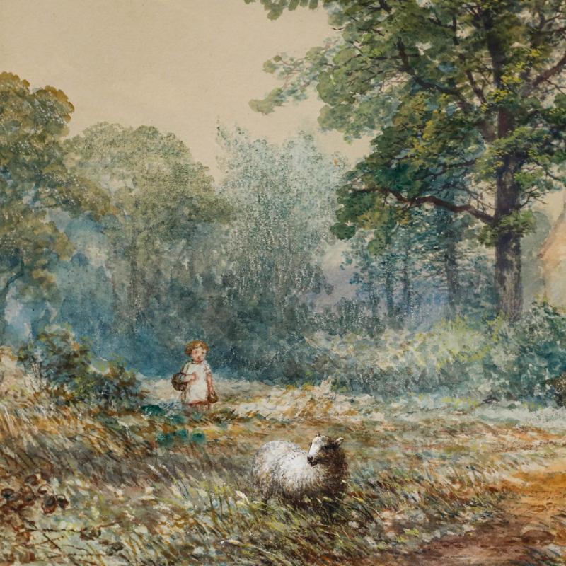 Dieses bezaubernde Aquarell des britischen Künstlers William Henry Vernon (1820-1909) zeigt ein kleines Mädchen, das eine Schafherde beobachtet, in der ein einsames Mutterschaf von den anderen Schafen getrennt ist. Das Aquarell wurde vom Künstler