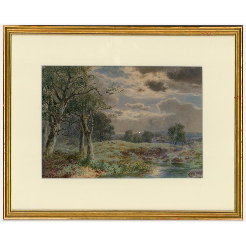 Una encantadora escena pastoral de Walter Stuart Lloyd (1845-1959) que representa ovejas pastando en Hampstead Heath. La escena está iluminada por la suave luz de la luna, que se abre paso entre las nubes. Firmado y fechado en la parte inferior