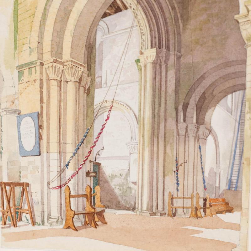 A finely executed watercolour study of the bell quarters at Saint Mary de Haura, Shoreham. Painted by 19th-century painter Henry Stock. Well presented in a beautiful wash-line mount and gilt-effect frame. Signed with initials and dated 1873. On