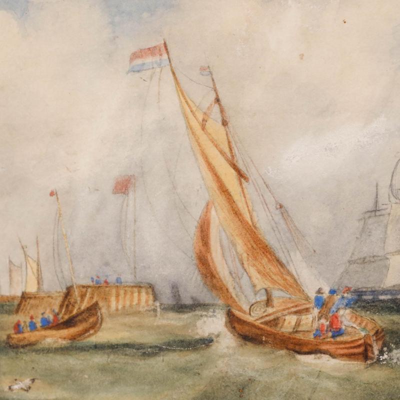 Charmante aquarelle nautique de la fin du XIXe siècle, représentant des navires néerlandais naviguant par temps venteux. L'aquarelle a été signée par l'artiste dans le coin inférieur droit. Bien présenté dans un superbe cadre ébonisé avec un motif