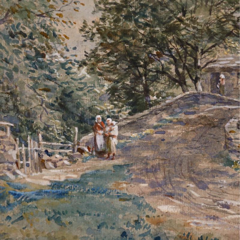 Questo incantevole acquerello di John Blake McDonald's RSA (1829-1901) raffigura un ponte di pietra che si inarca con grazia su un fiume dolce, incorniciato da alberi rigogliosi e verdeggianti su entrambi i lati. La composizione attira lo sguardo