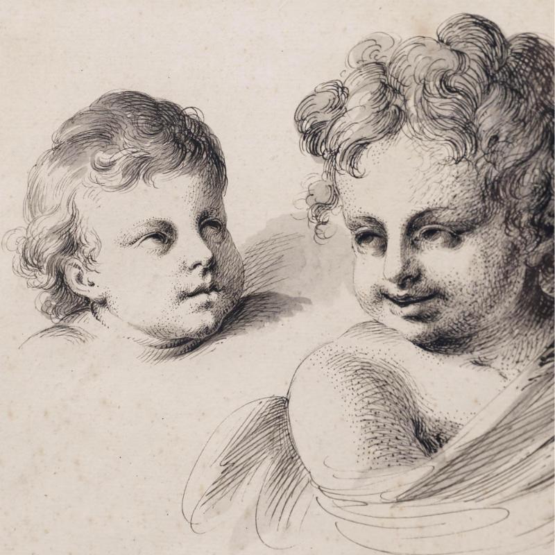 Studi di teste di putti finemente dettagliati a inchiostro e lavaggio di Joseph Dorffmeister (1764-1806). Firmato sul lato destro. Ben presentato in una cornice di legno d'epoca con una sottoveste dorata. Sui posati. Dimensioni dell'immagine: 28 x