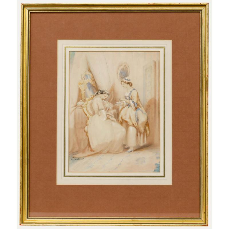 Levasseur - Aquarelle encadrée de la fin du 19e siècle, Nourrir le chien