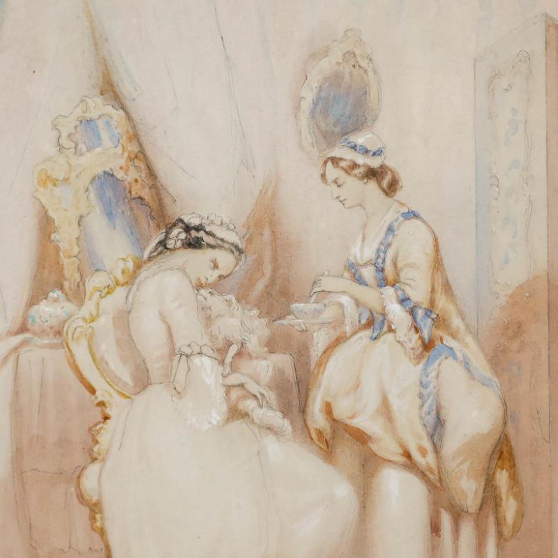 Dos damas vestidas a la moda se sientan en un lujoso interior. Una sostiene a un perrito en brazos, mientras la otra agita un cuenco. Firmado en la parte inferior izquierda. Bien presentado en un marco de efecto dorado con una montura roja que