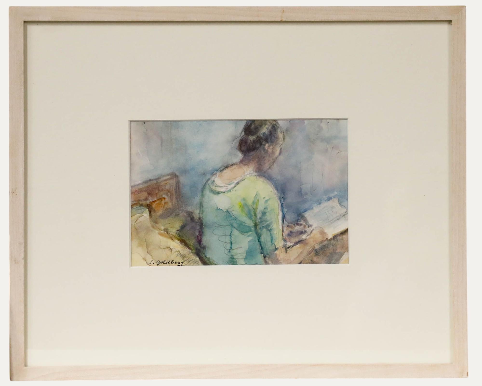 Encantador estudio en acuarela del artista Simon Goldberg (1913-1985), que representa a una dama leyendo al borde de su cama. Montado en un marco lavado a la cal, detrás de un cristal. Firmado "S. Goldberg' en la parte inferior izquierda. Sobre el