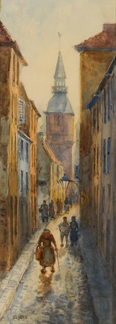 Charles John de Lacy (1856-1936) - Aquarelle encadrée, Une rue d'Ostende
