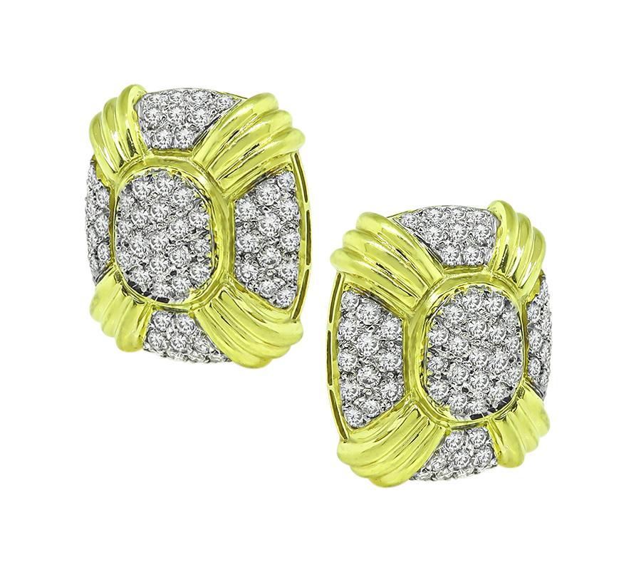 Round Cut 4.75ct Diamond Yellow and White Gold Earrings For Sale