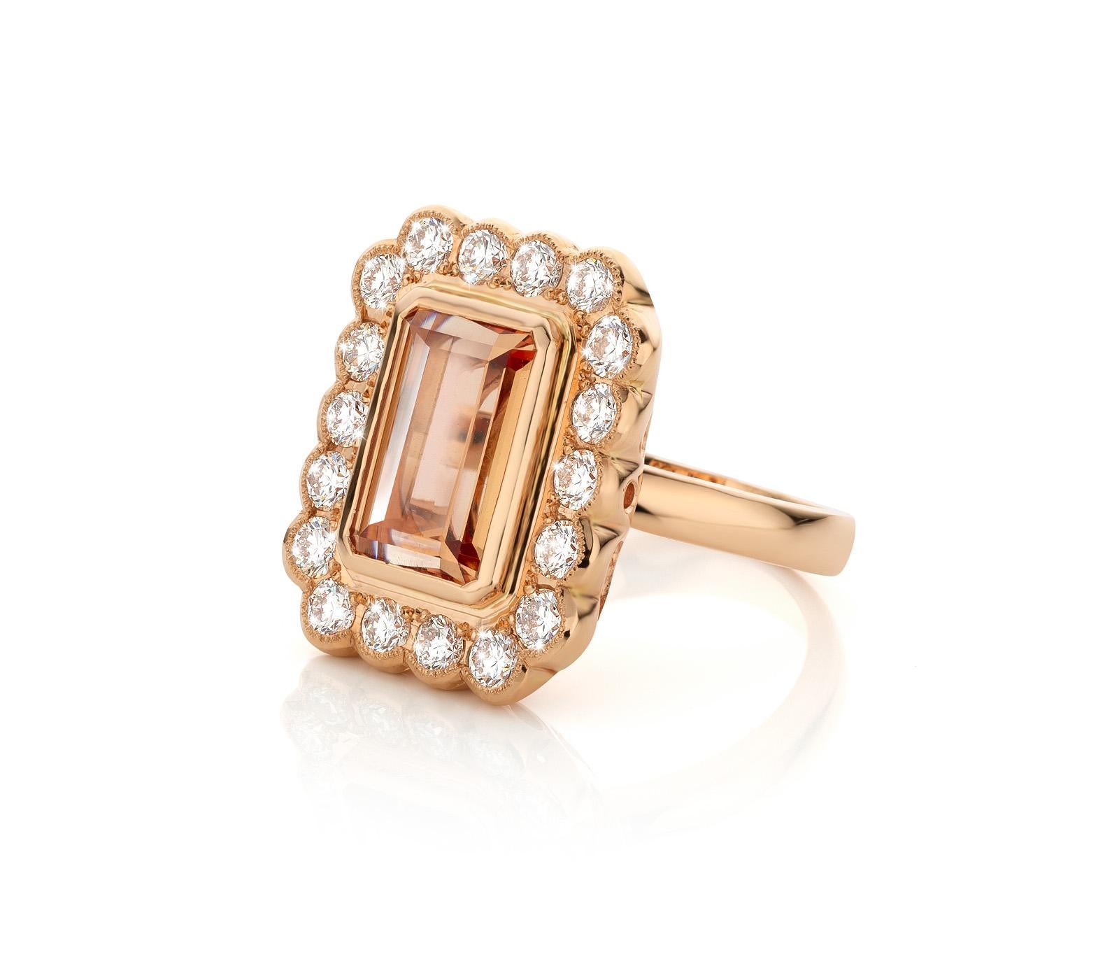 One of a kind “Mary-Lou” ring in 18 Karat rose gold 11,3g set with 1 natural, eye clean, vivid Imperial topaz in emerald cut 4,75 Carat and the finest diamonds 1,51 Carat LC/D quality in brilliant cut.

Because every Imperial topaz has his own color