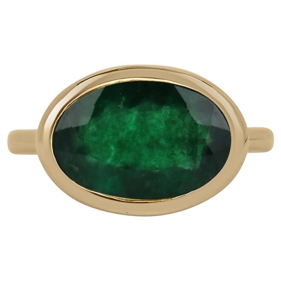 4.75ct Natural Oval Cut Cut Dark Forest Green Brazilian East to West Bezel Ring For Sale