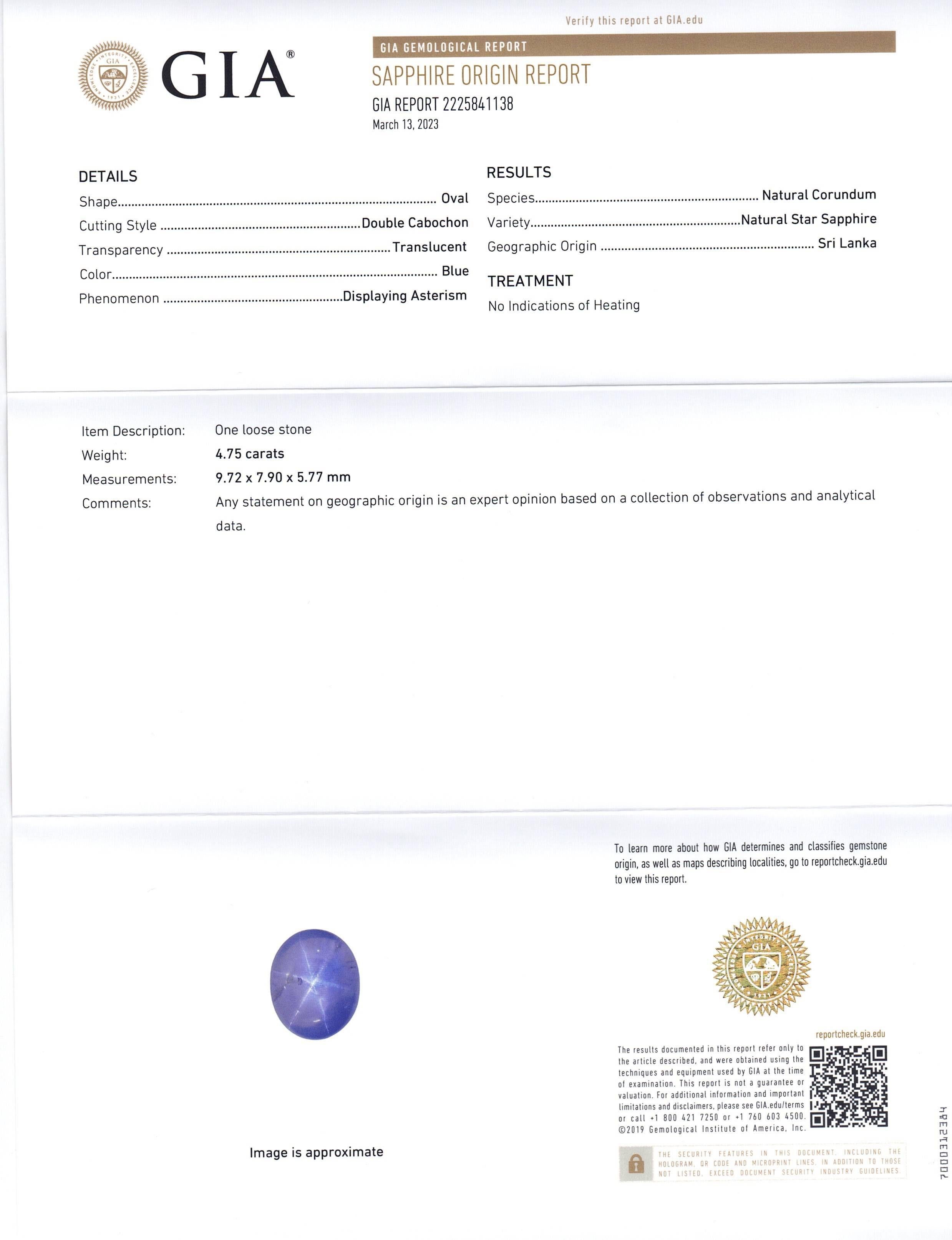 Oval Cut 4.75ct Oval Cabochon Blue Star Sapphire GIA Certified Sri Lanka For Sale