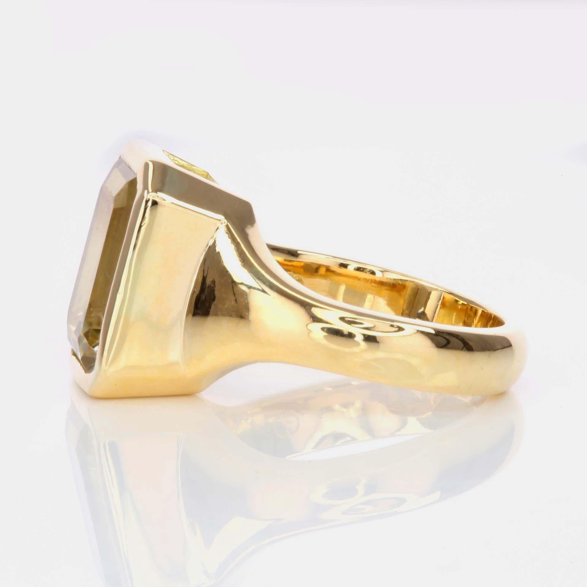 Modern 4.75ct Yellow Tourmaline Pinky Ring-Emerald Cut-18KT Gold-GIA Certified-Rare For Sale