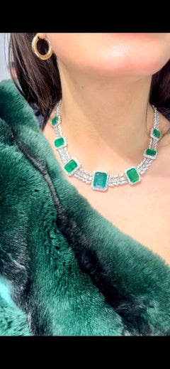 High Jewelry Zambian Emerald 47.5ct & Diamond 12.10ct Necklace in 18K White Gold