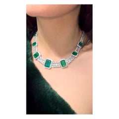 47.5ct Zambian Emerald & 12.10ct Diamond Necklace in 18k White Gold