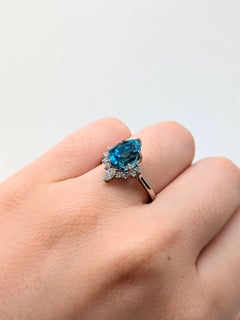 4.75cts Blue Zircon Ring w Natural Diamond Accents in 14K Solid Gold  PE 9x7mm