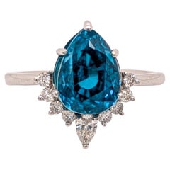 4.75cts Blue Zircon Ring w Natural Diamond Accents in 14K Solid Gold  PE 9x7mm