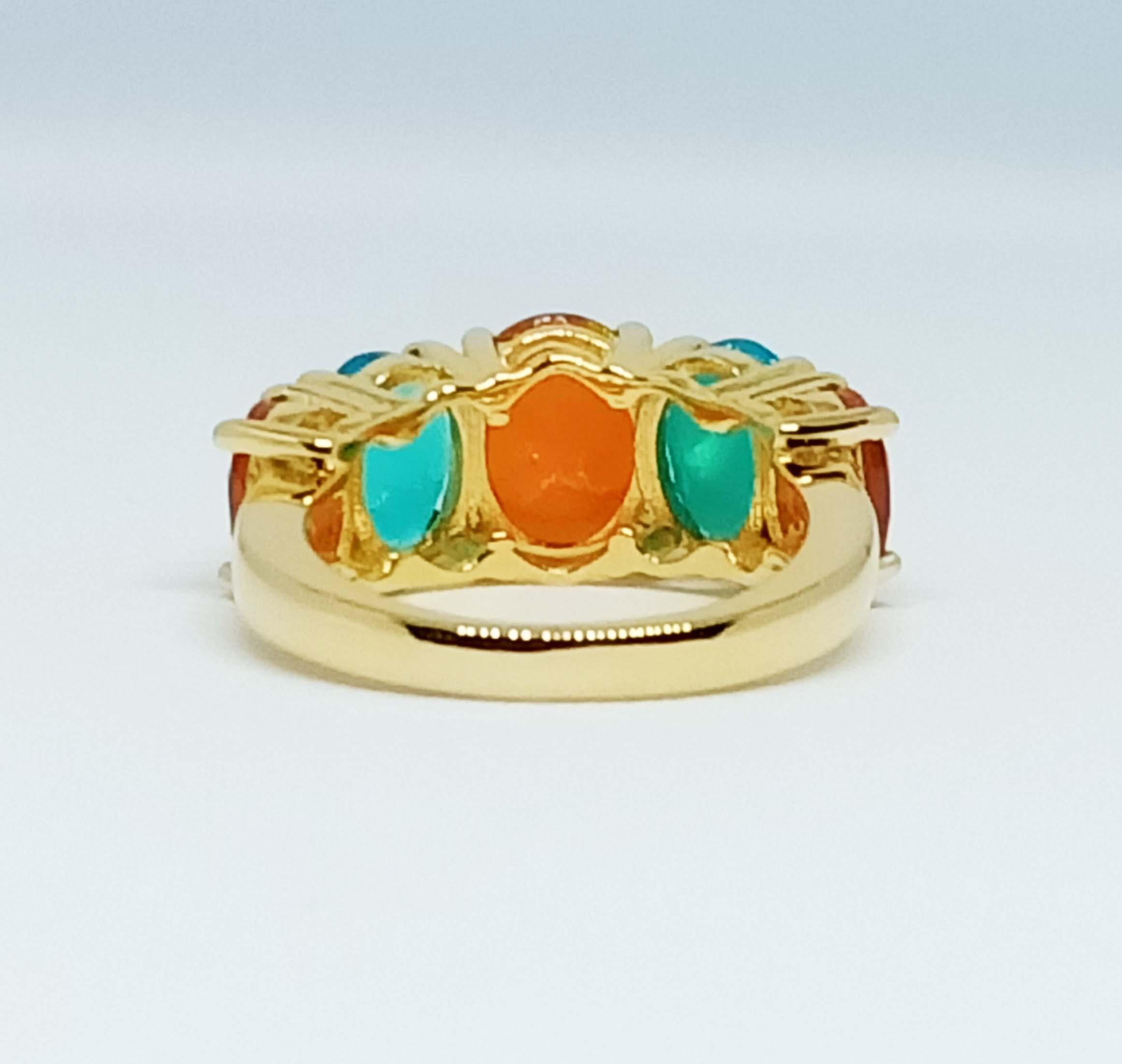 Oval Cut 4.75cts. Orange and Blue Opal Ring.Sterling Silver in 18K Gold Plated. For Sale