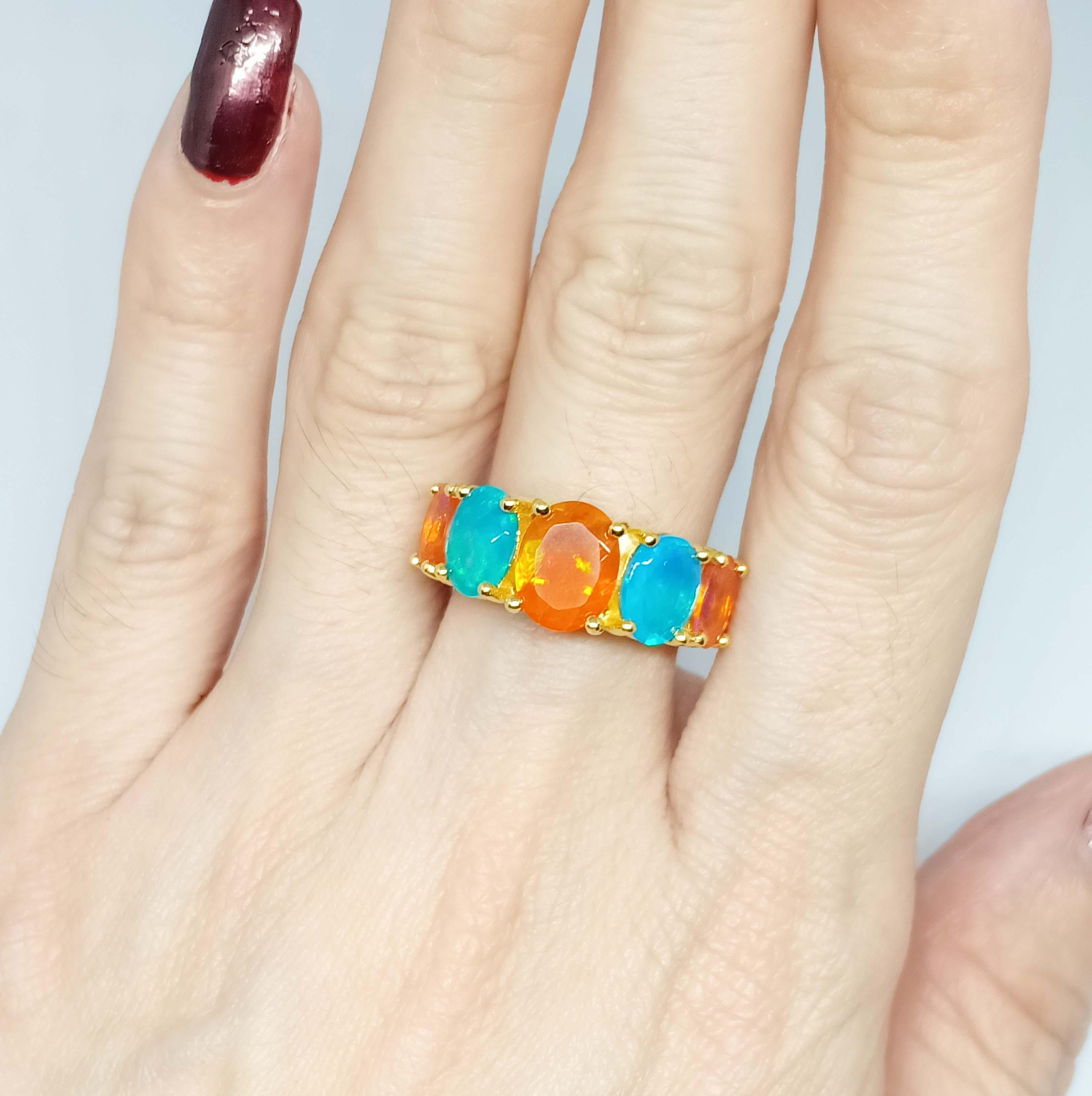 Women's 4.75cts. Orange and Blue Opal Ring.Sterling Silver in 18K Gold Plated. For Sale