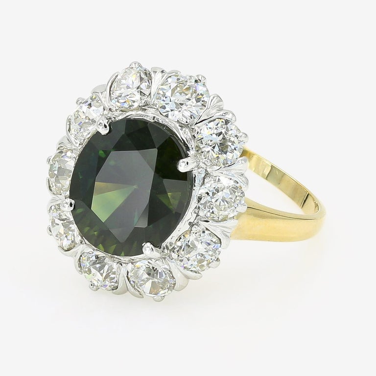 Retro 4.75cts. Oval Cut Green Sapphire & Diamond Ring in 14kt White & Yellow Gold For Sale