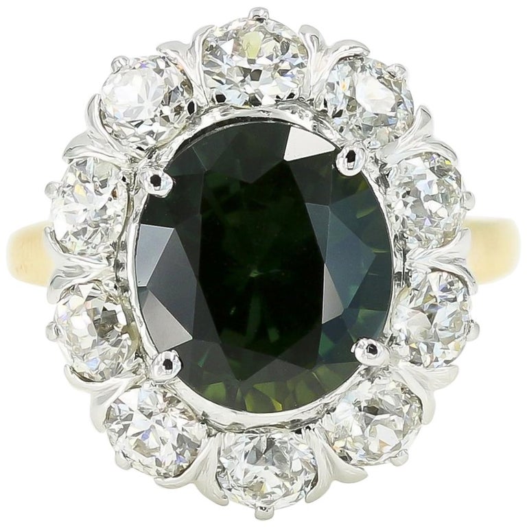 4.75cts. Oval Cut Green Sapphire & Diamond Ring in 14kt White & Yellow Gold For Sale