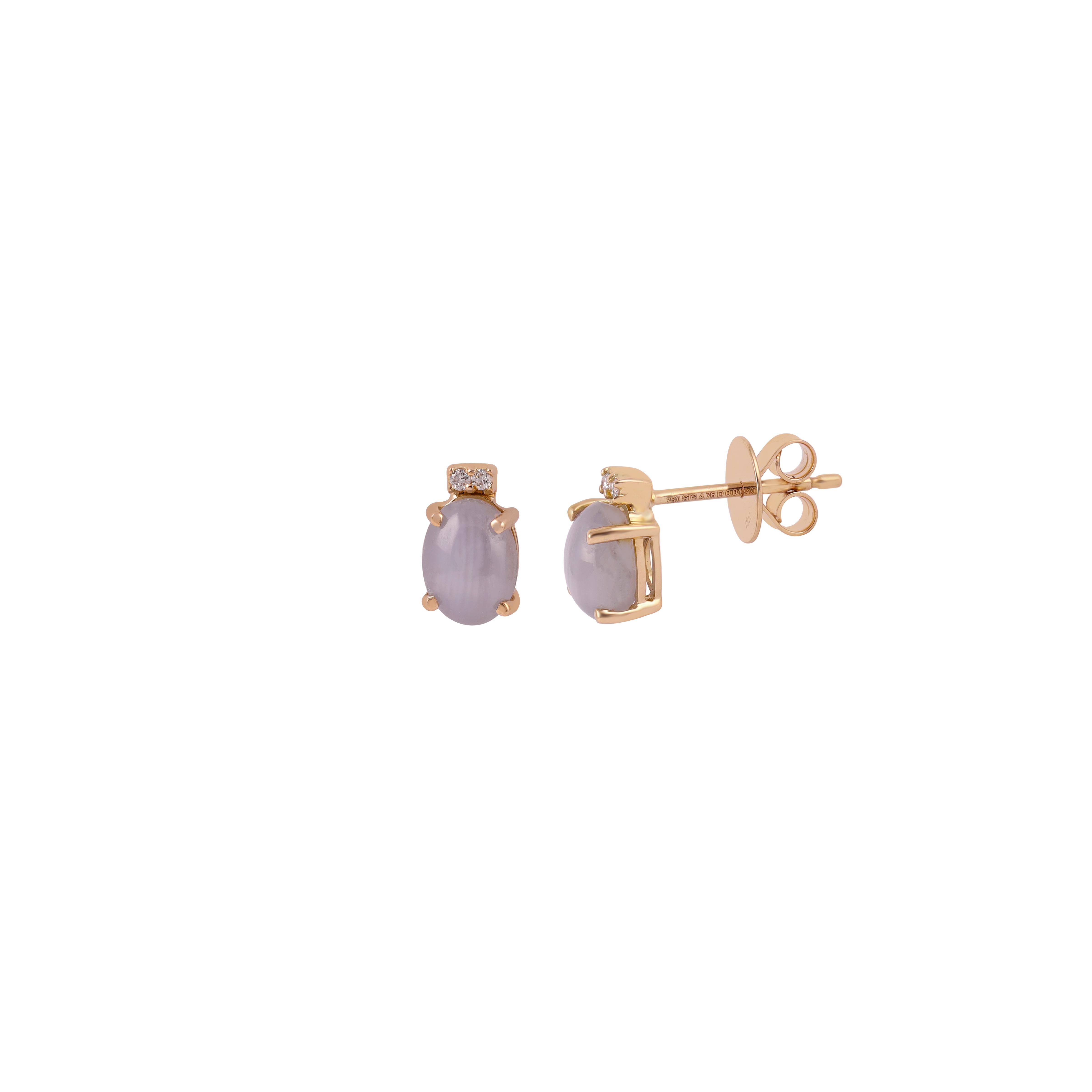 Modernist 4.76 Carat 6 Line Star Sapphire and Diamond Earrings Stud in 18k Yellow Gold For Sale