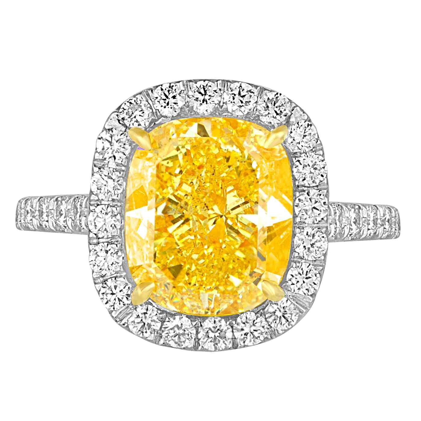 4.76 Carat Cushion GIA Certified Fancy Vivid Yellow Diamond Two Color Gold Ring For Sale