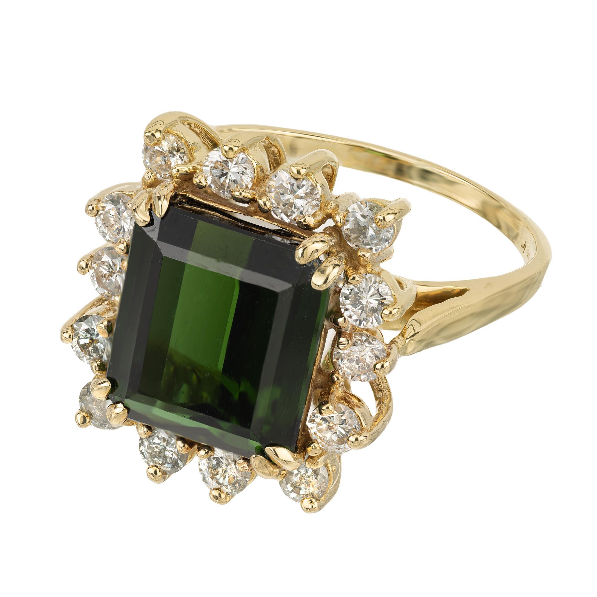 4.76 Carat Emerald Cut Tourmaline Diamond Halo Yellow Gold Cocktail Ring In Good Condition For Sale In Stamford, CT