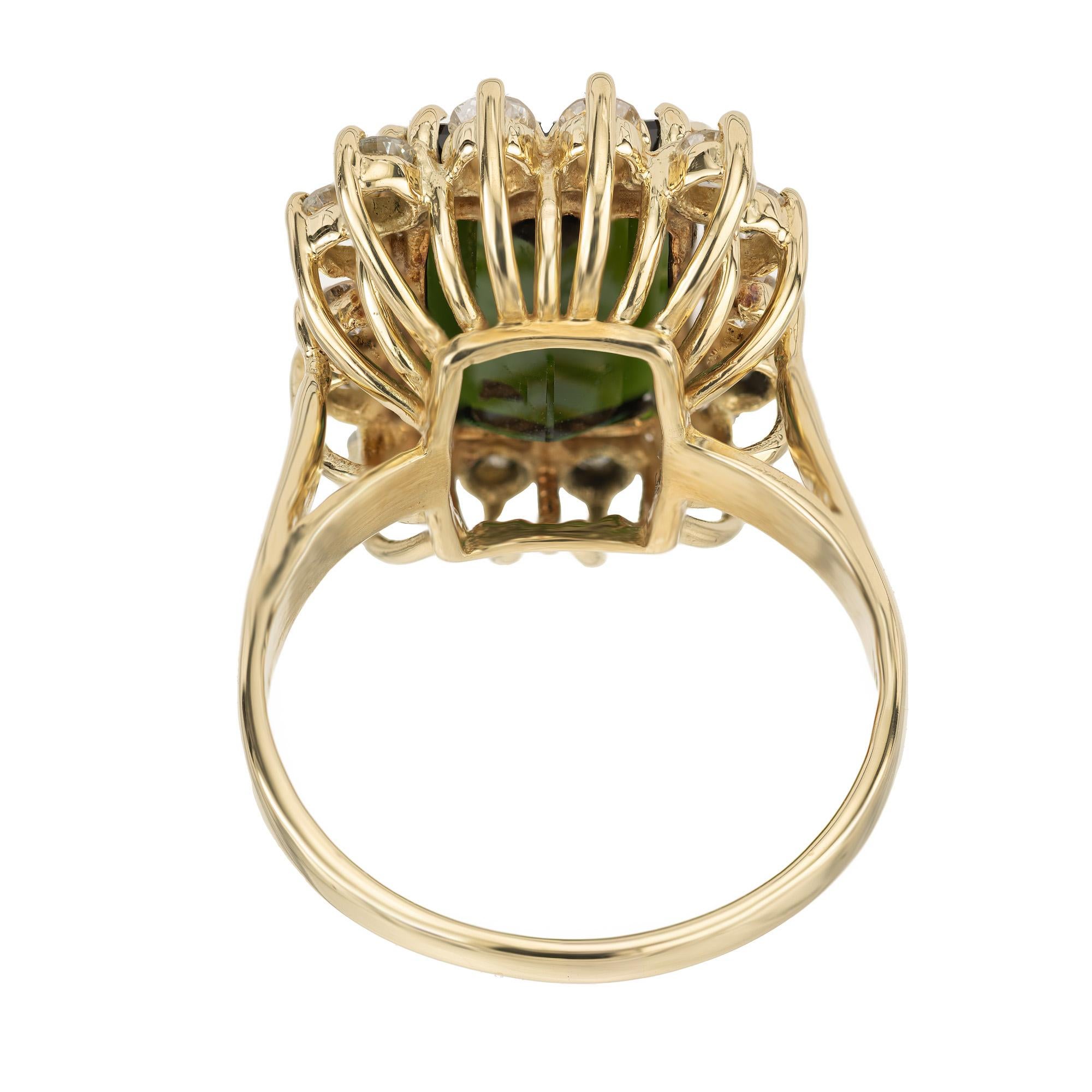 4.76 Carat Emerald Cut Tourmaline Diamond Halo Yellow Gold Cocktail Ring For Sale 1