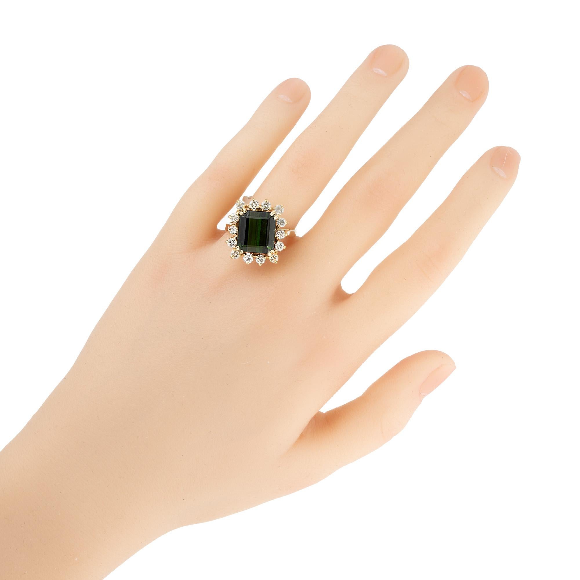 4.76 Carat Emerald Cut Tourmaline Diamond Halo Yellow Gold Cocktail Ring For Sale 3