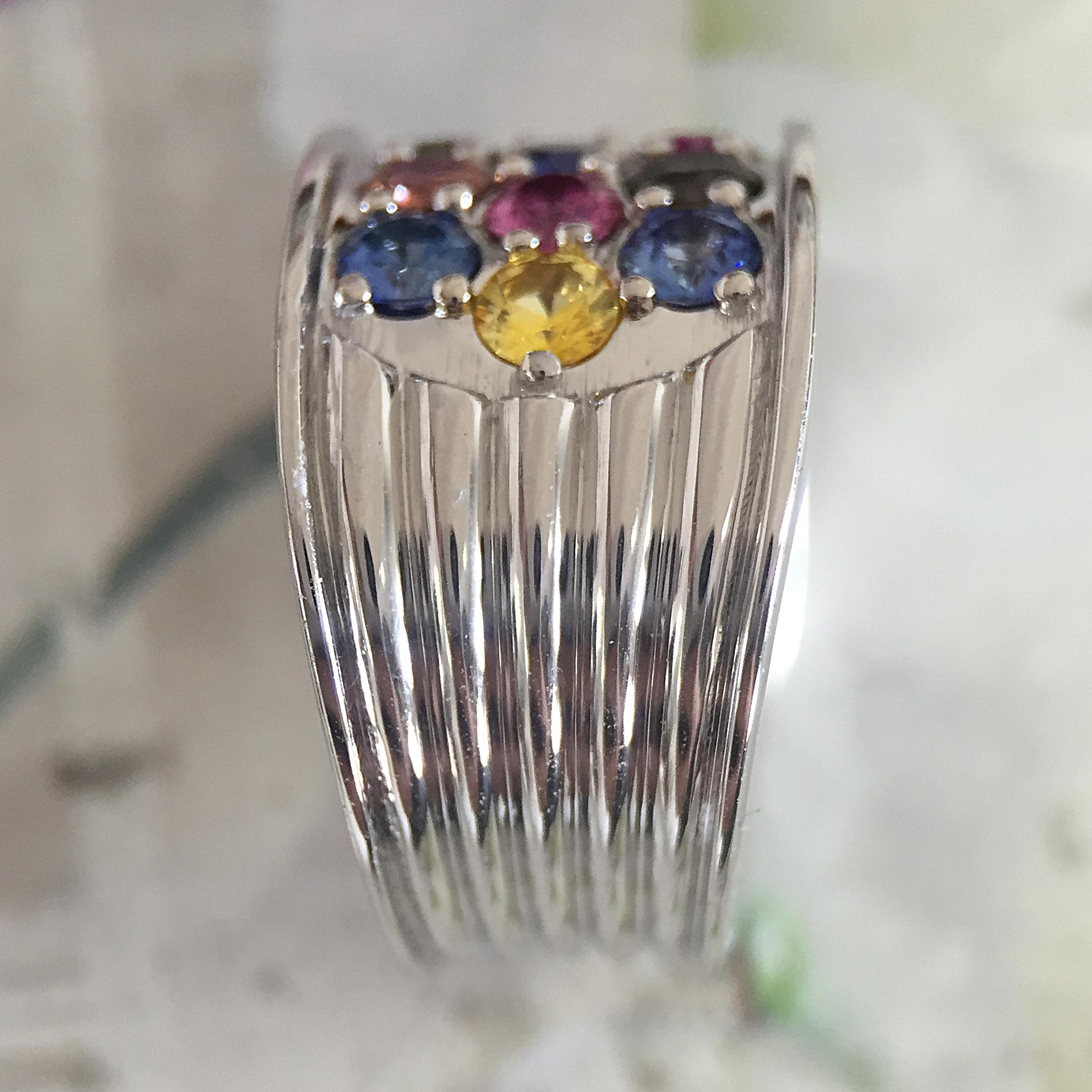Round Cut 4.76 Carat Multi Vivid Color Sapphire Thick Band Ring, Ben Dannie For Sale